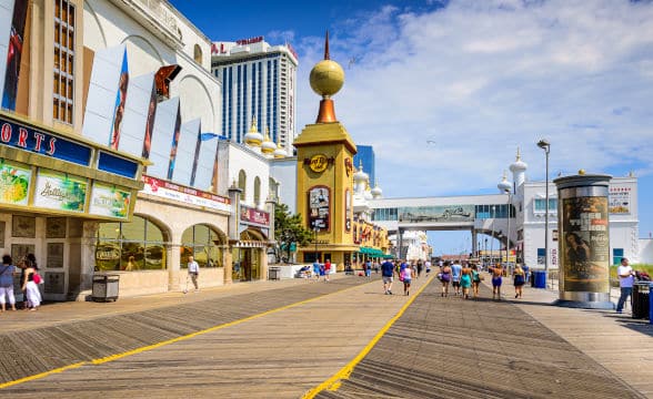 The Atlantic City broadwalk during the day without much foot traffic.