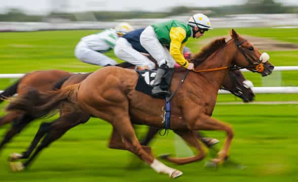 Two jockeys racing neck and neck with their horses racing towards the finish line.