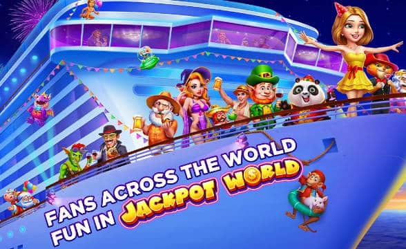 A Jackpot World facebook image with a ship of animated characters going somewhere.