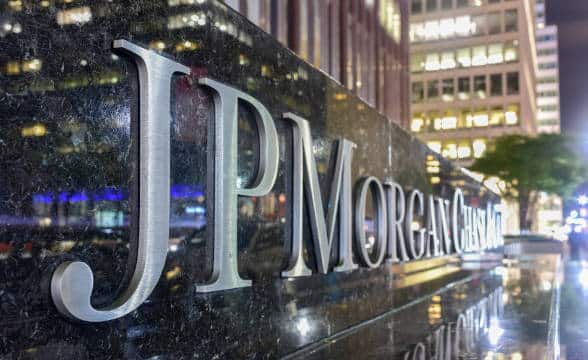 The front sign that says JP Morgan in front of the company's offices in New York.