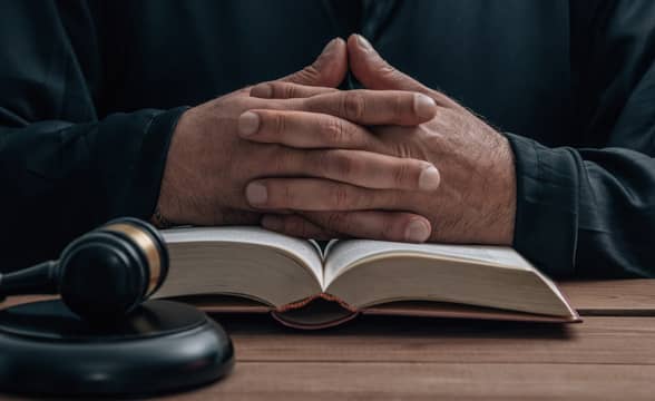 Man sitting with hands interlocked infront of an open book and gavel