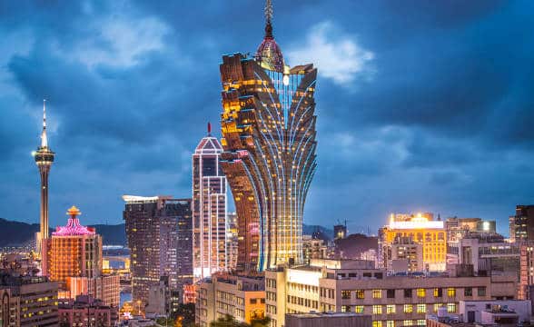 The Grand Lisboa tower in Macau shot during the evening.