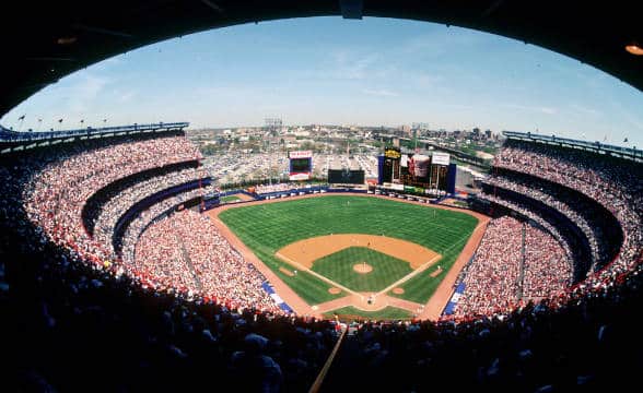 The New York Mets stadium, a photo from the higher rows with the stadium packed.