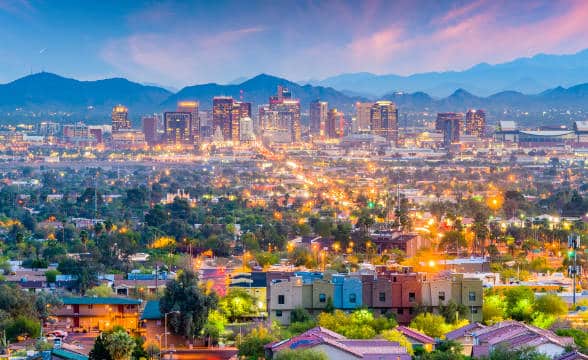 A photograph of Phoenix, Arizona in the sunset in the United States