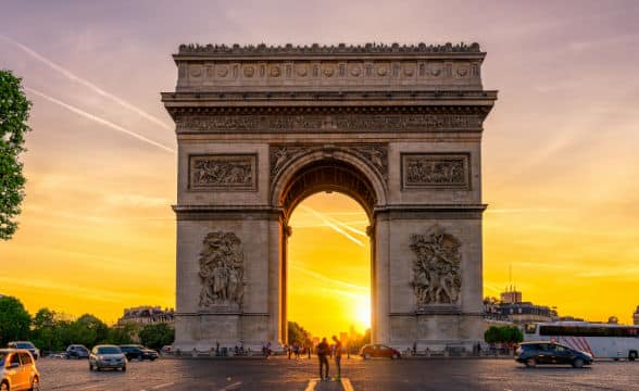 The Arc de Triomphe in France at sunrise.