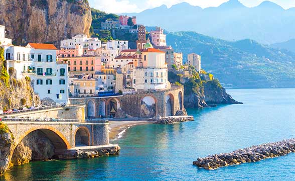 A view of an Italian city Amalfi by the Mediterranean sea.