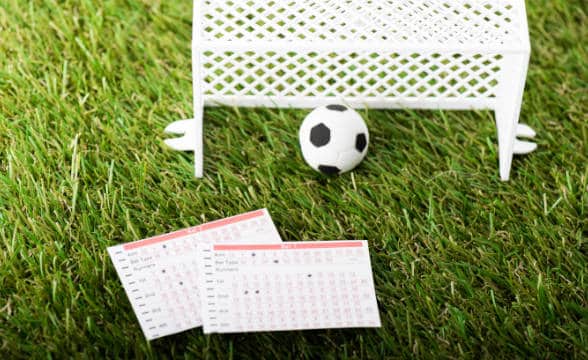 Miniature goalie with a small ball on a green field.