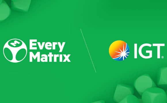 IGT and Everymatrix's featured logos as the partnership between the two companies is announced.