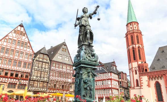 A statue of Lady Justice in downtown Frankfurt, Germany.