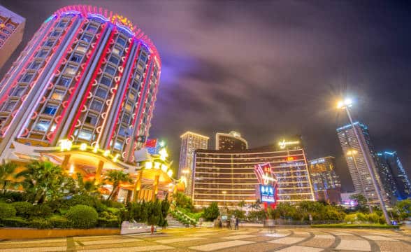 Macau's casinos during the night as seen from one of the main squares.