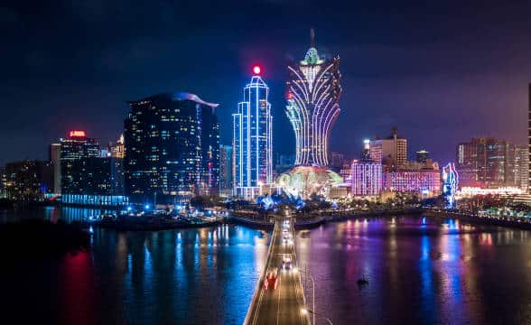 Macau during the night with the main casino buildings in sight.