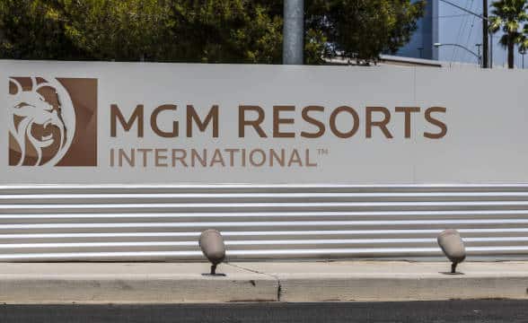 MGM Resorts International's company logo on a stone outside the company's building.