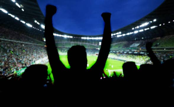 The silhouettes of sports fans cheering during a live game.