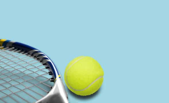 A tennis racket and ball lying on the court.