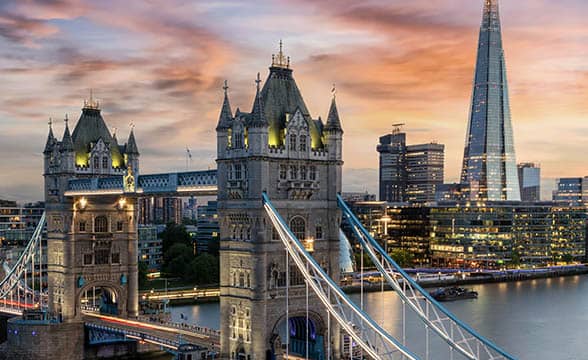 A sunset view of Tower Bridge, London, United Kingdom