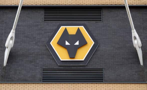 Wolverhampton soccer stadium front entrance with the soccer club's logo.