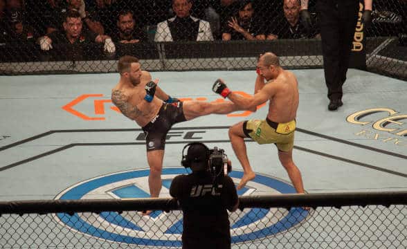 Alexander Volkanovski in the octagon fighting during a UFC event.