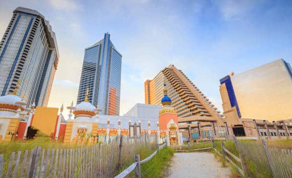 Atlantic City casinos and an empty promenade outside of them.