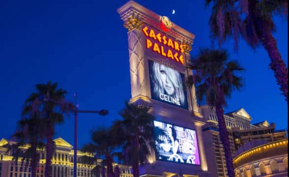 Caesars Palace in Las Vegas with Celine Dion on the ad screen.