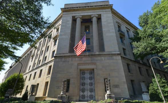 The exterior of the Department of Justice building.