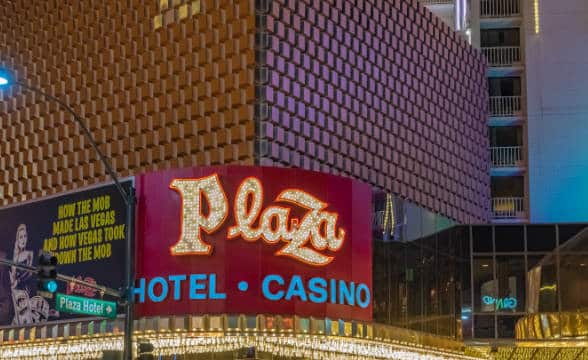 The front entrance of the Plaza Hotel & Casino in Las Vegas, Nevada.