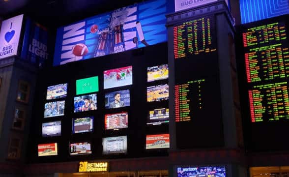 Sports betting displays and tvs in a sportsbook.