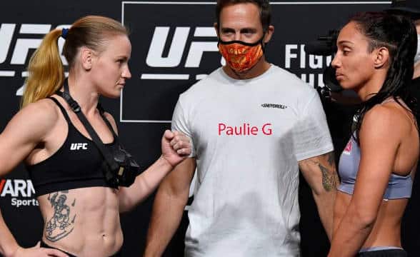 Valentina Schevchenko staring off Taila Santos in the weigh in for the UFC 275.