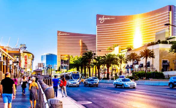 Wynn Las Vegas Resorts with the promenade in sight and traffic moving.