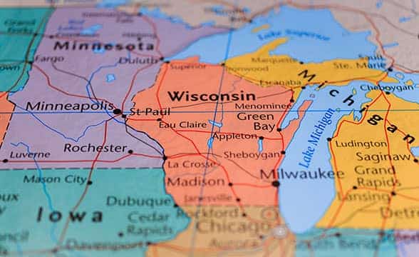 Wisconsin on the map of the USA