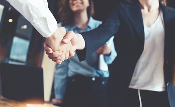 A businessman and a businesswoman shake hands