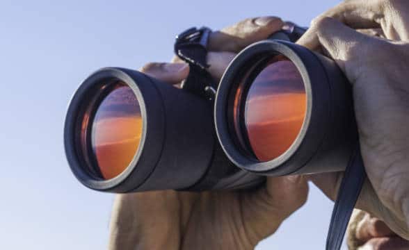 A man holding binocular and looking in the distance.