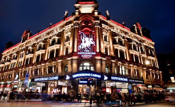 Hippodrome Casino at night, photographed from the outside and front entrance.