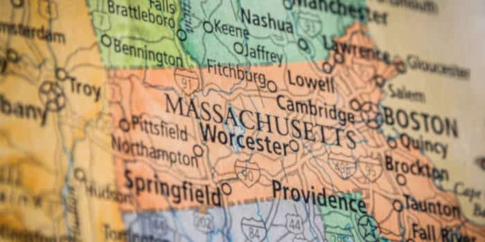 Close up photo of a map showing Massachusetts