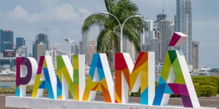 Panama sign with cityscape background