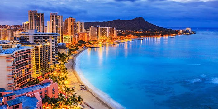 A picturesque nighttime view of Honolulu, Hawaii