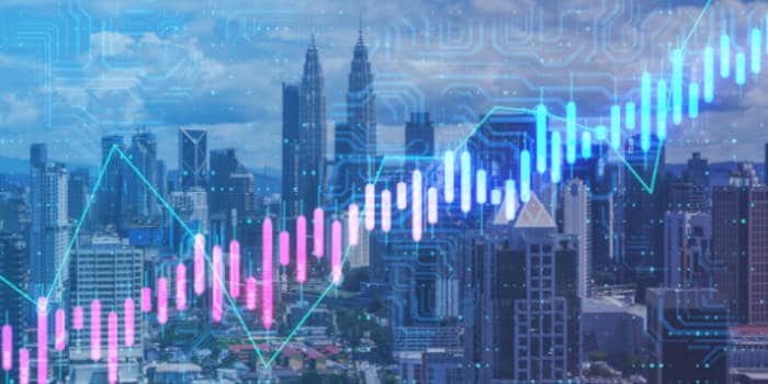 Financial graph showing growth with a megapolis background