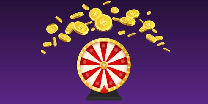 Random spinner wheel surrounded by digital currency