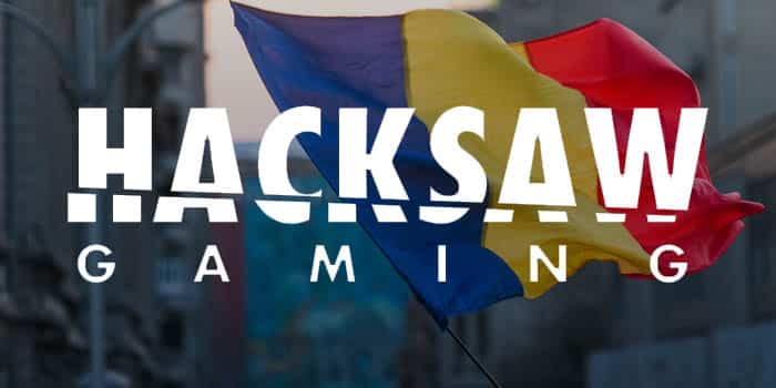 Hacksaw Gaming's logo with the Romanian flag in the background