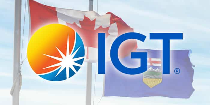 IGT's logo with the Canadian and Albertan flags in the background