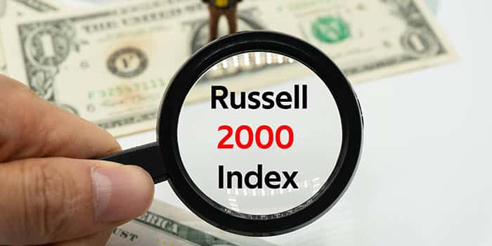 A magnifying glass zooms on the Russell 2000 Index