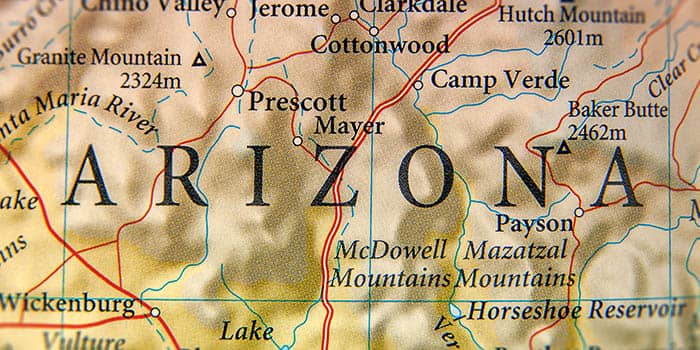 The state of Arizona on the map of the USA