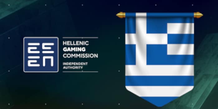 Hellenic Gaming Commission's logo and a Greek flag