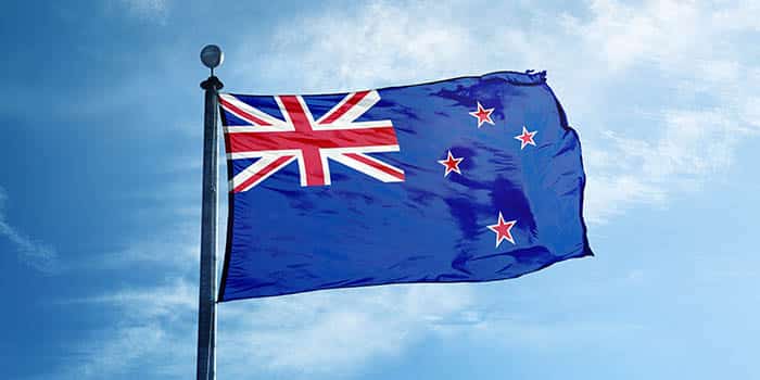 The New Zealand national flag flying in the air.