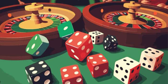 Dice, roulette, and casino tables.