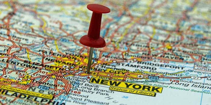 New York on the map of the USA