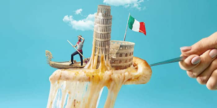 Various Italian national symbols in a surrealist photo.