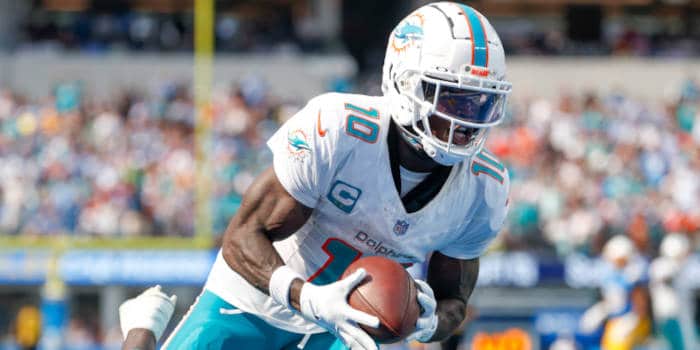 Miami Dolphins wide receiver Tyreek Hill (10) in actions during an NFL football game against the Los Angeles Chargers, Sept. 10, 2023, in Inglewood, Calif.