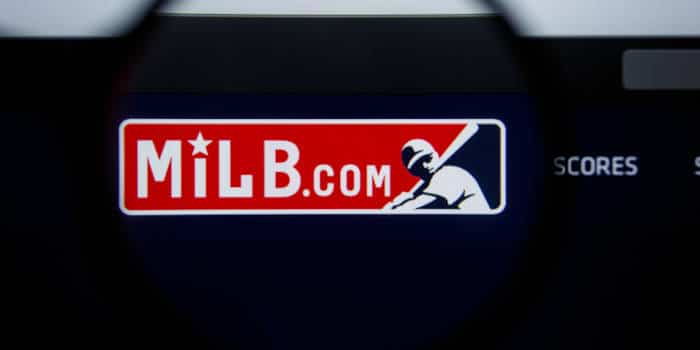 Los Angeles, California, USA - 17 Jule 2019: Illustrative Editorial of Milb website homepage. Minor League Baseball logo visible on display screen.