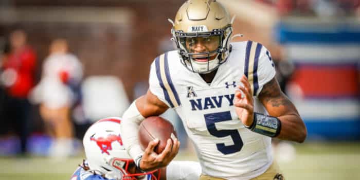 USNA quarterback Braxton Woodson (5) during a NCAA football game between the U.S. Naval Academy Midshipmen and Southern Methodist University Mustangs, November 25, 2023, Dallas, Texas