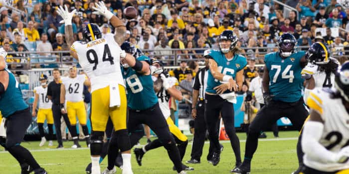 Tyson Alualu bats the ball down from Trevor Lawrence Jacksonville, Florida USA August 20 2022 NFL Pittsburgh Steelers vs Jacksonville Jagaurs